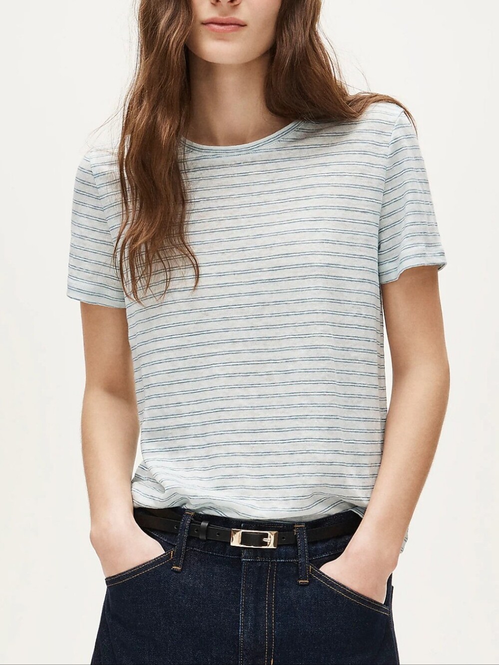 J.Crew Blue Striped Linen T Tee Shirt XS Classic Preppy Relaxed Clean Girl